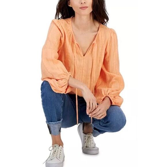 TOMMY HILFIGER - 🎉HP🎉NWT - L Sz XL Textured Tie Puff-Sleeve Peasant Top/Coral - Picture 4 of 16